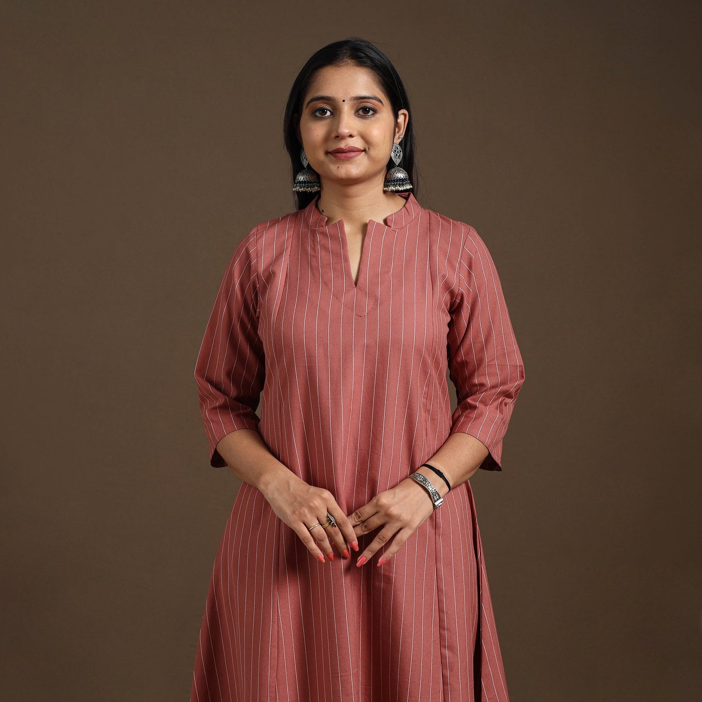 Brown A-Line Cotton Jacquard Kurta