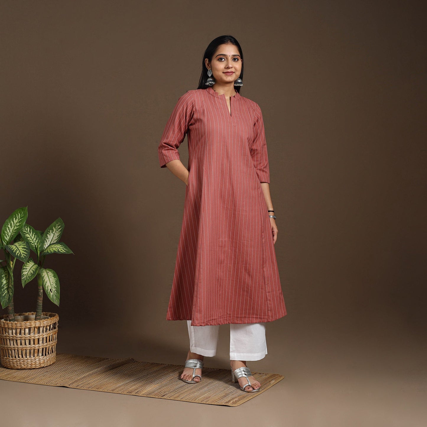 Brown A-Line Cotton Jacquard Kurta