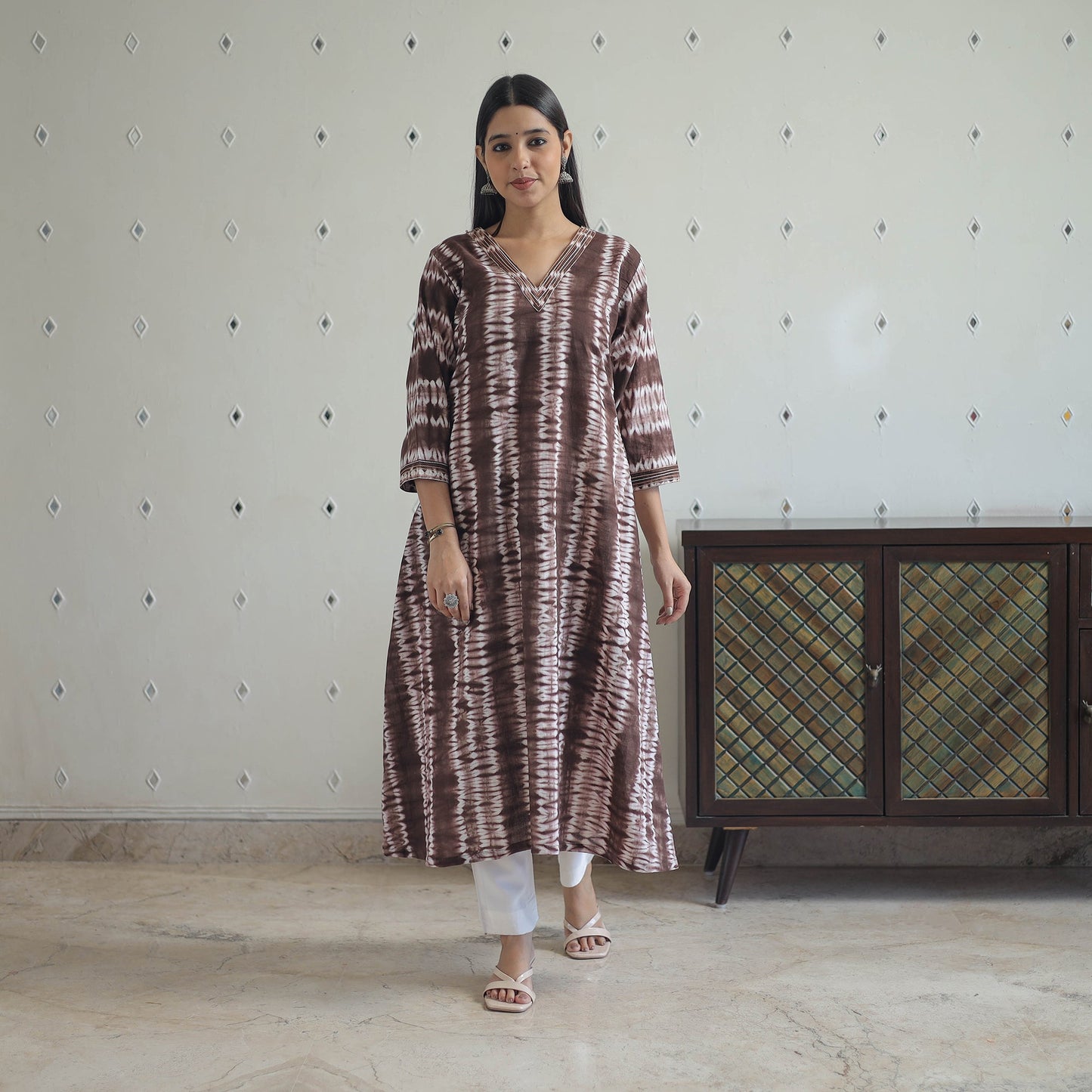  Brown A-Line Tie & Dye Cotton Shibori Kurta for Women
