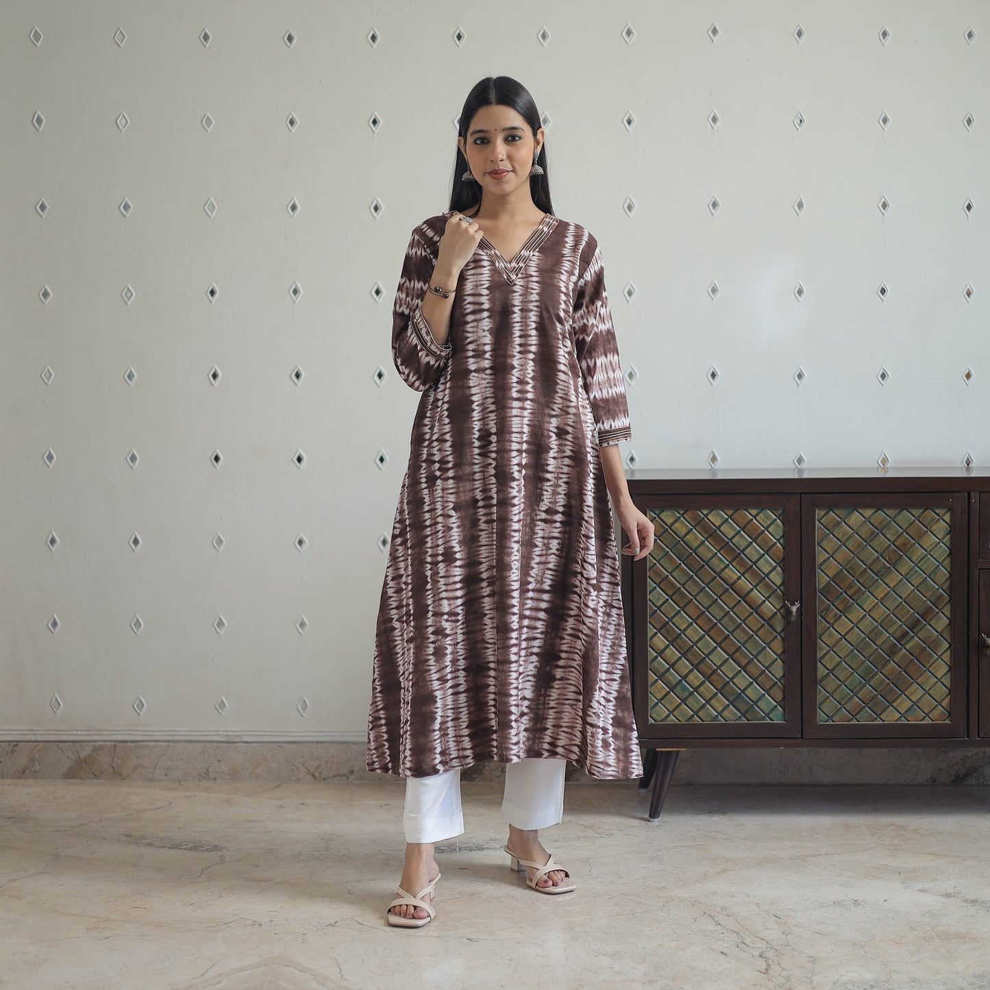  Brown A-Line Tie & Dye Cotton Shibori Kurta for Women