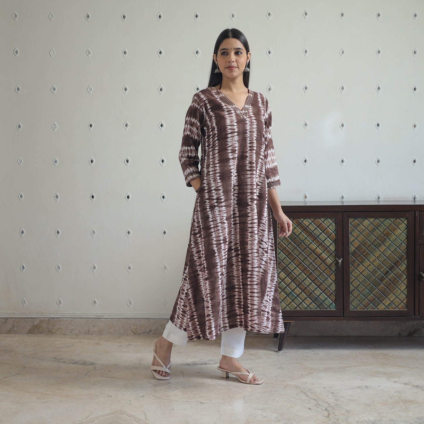  Brown A-Line Tie & Dye Cotton Shibori Kurta for Women