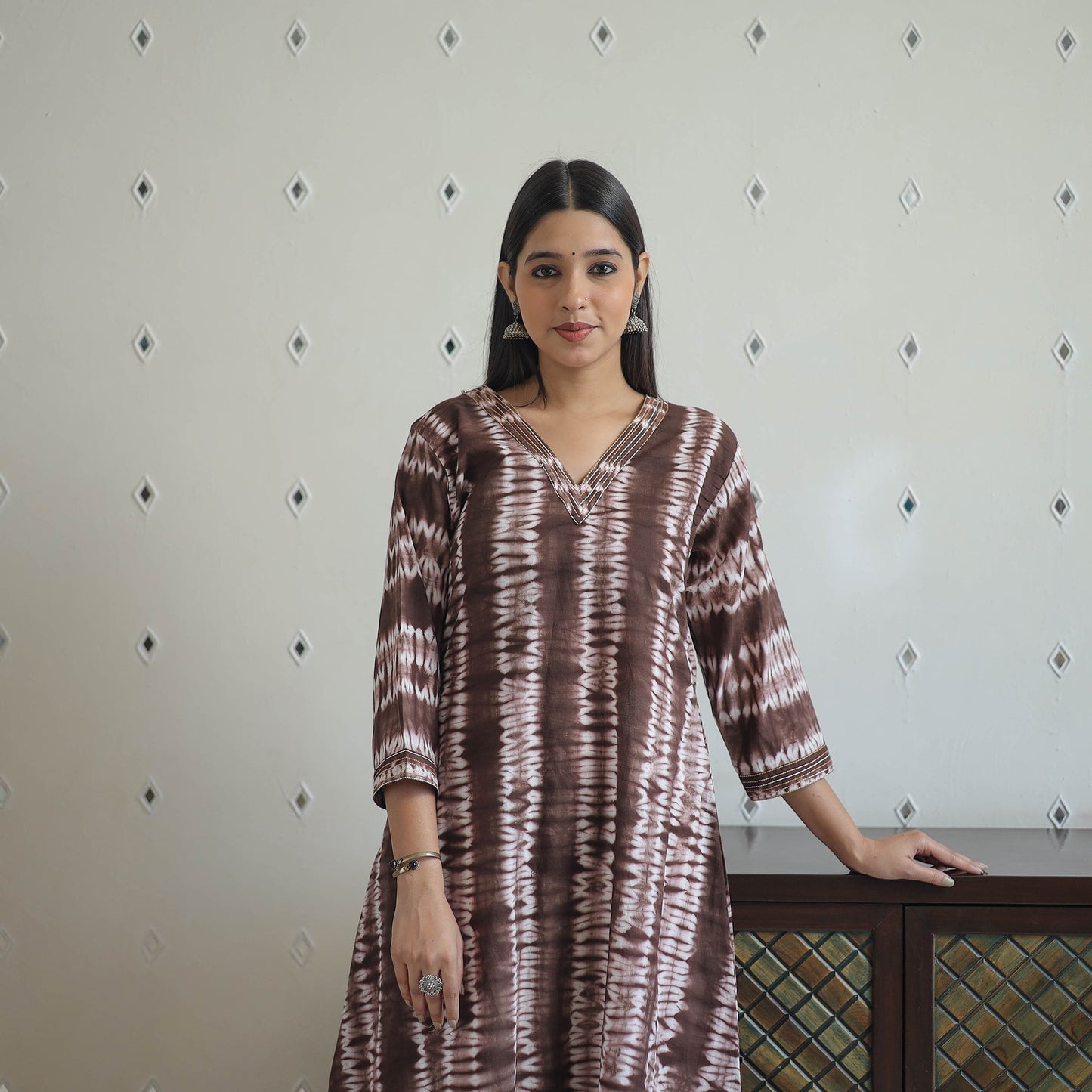  Brown A-Line Tie & Dye Cotton Shibori Kurta for Women