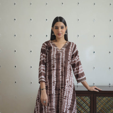  Brown A-Line Tie & Dye Cotton Shibori Kurta for Women