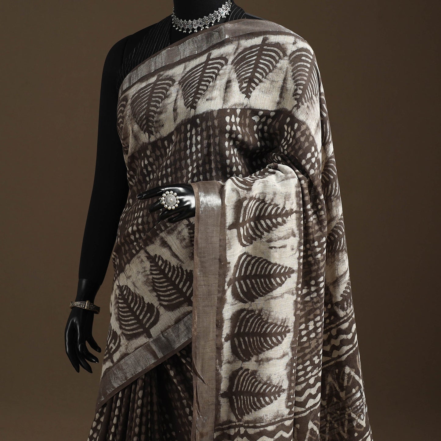 Brown - Linen Hand Block Print Bagru Saree with Zari Border 12