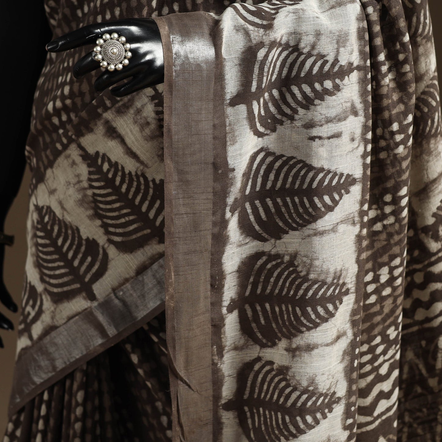 Brown - Linen Hand Block Print Bagru Saree with Zari Border 12