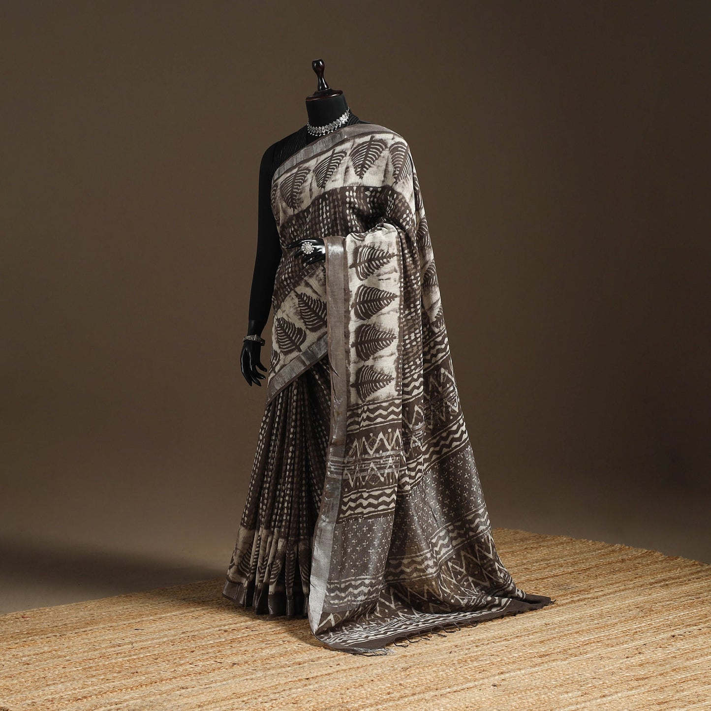 Brown - Linen Hand Block Print Bagru Saree with Zari Border 12