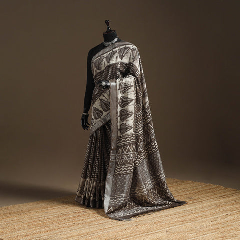 Linen hand batik saree with zari border 12 - handcrafted