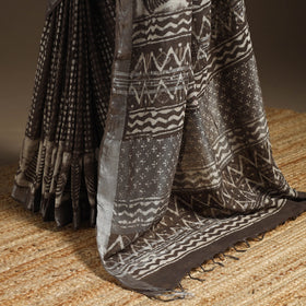 Brown - Linen Hand Block Print Bagru Saree with Zari Border 12