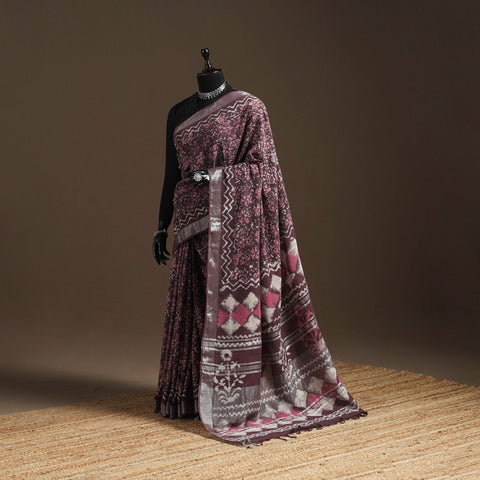 Linen hand batik saree with zari border 13 - handcrafted