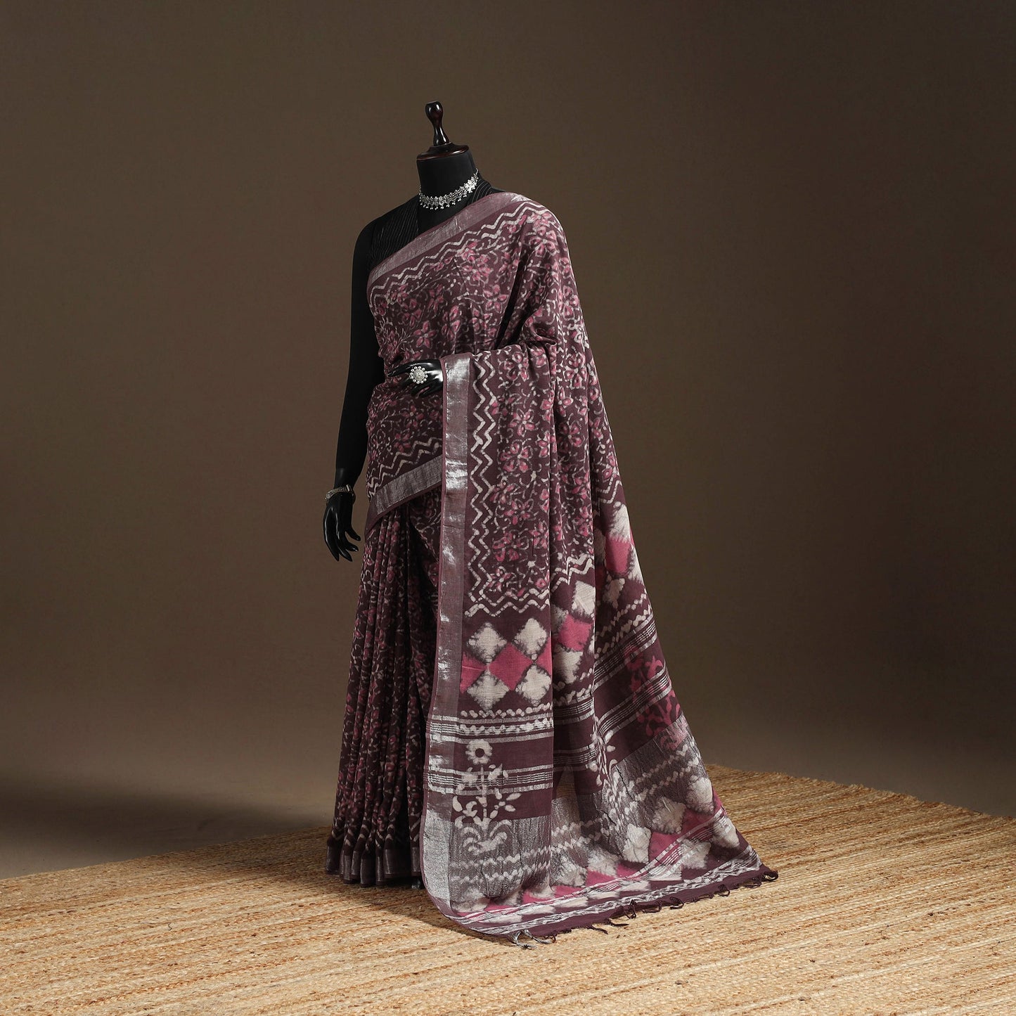 Brown - Linen Hand Block Print Bagru Saree with Zari Border 13