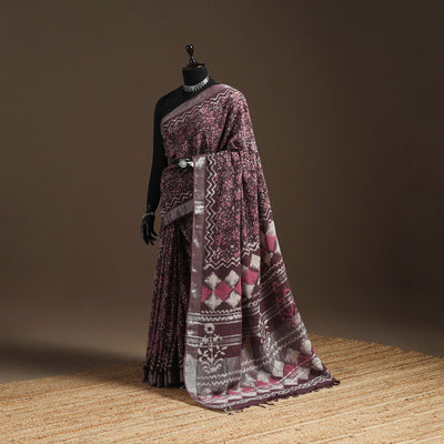 Brown - Linen Hand Block Print Bagru Saree with Zari Border 13