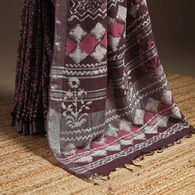 Brown - Linen Hand Block Print Bagru Saree with Zari Border 13