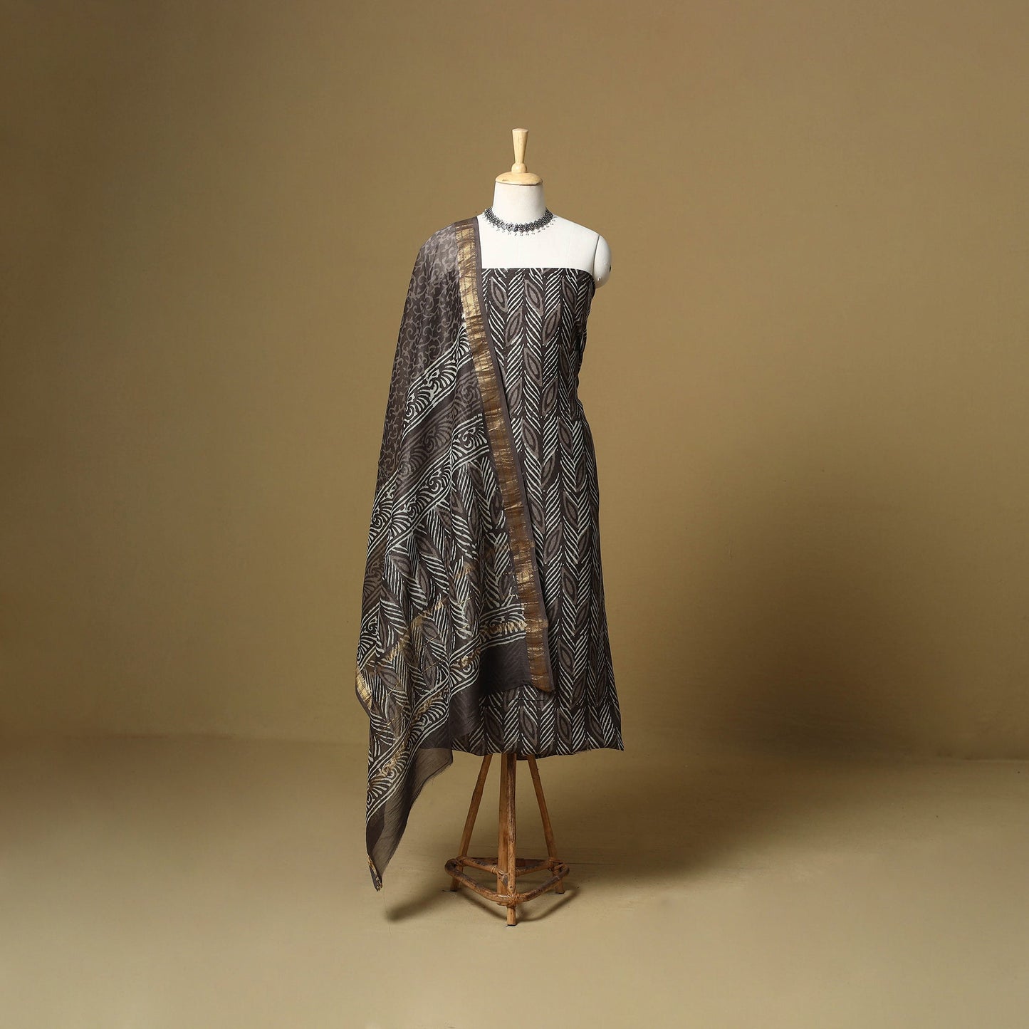 Brown - maheshwari silk bagru hand 3pc unstitched dress