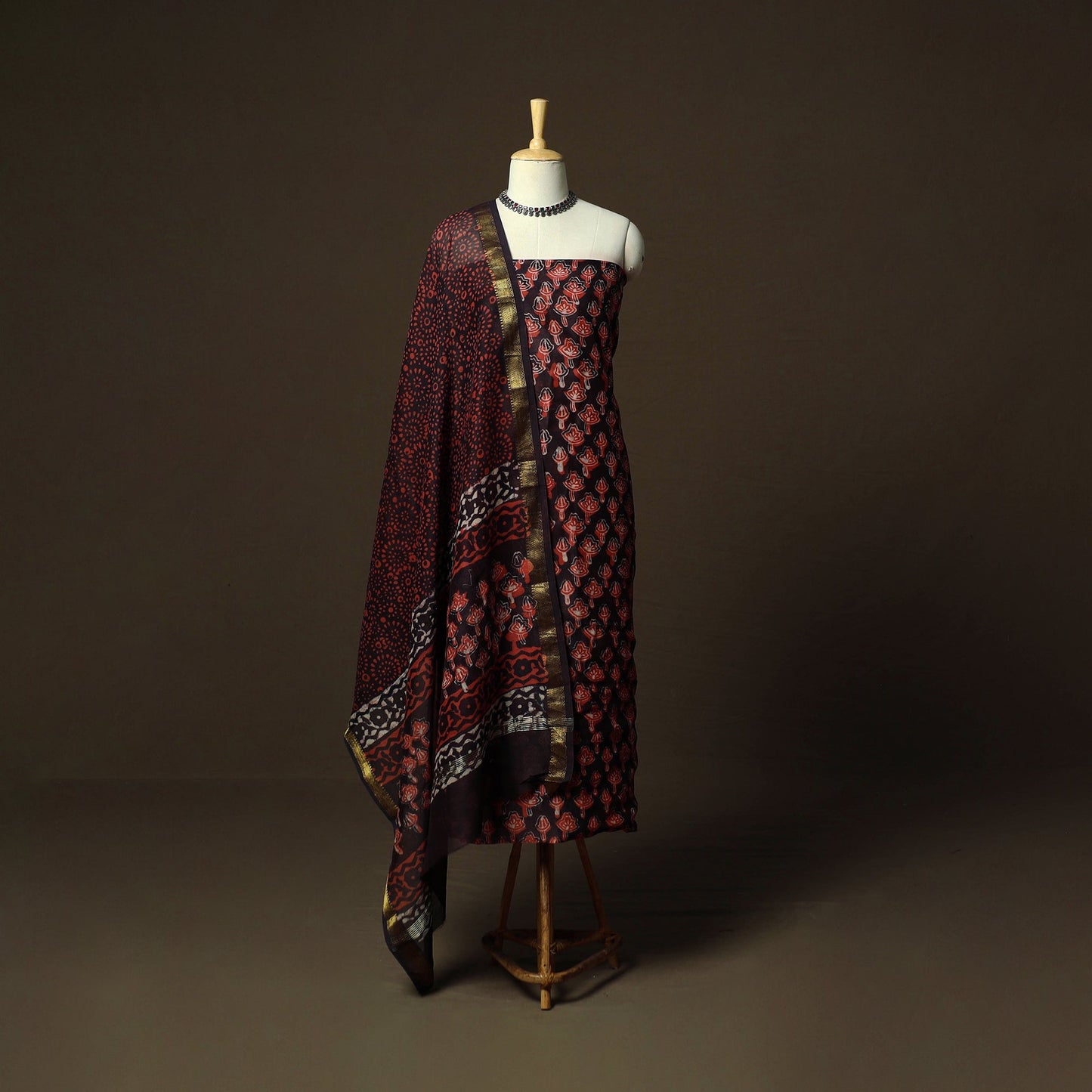 Maheshwari silk hand block bagru print 3pc unstitched dress