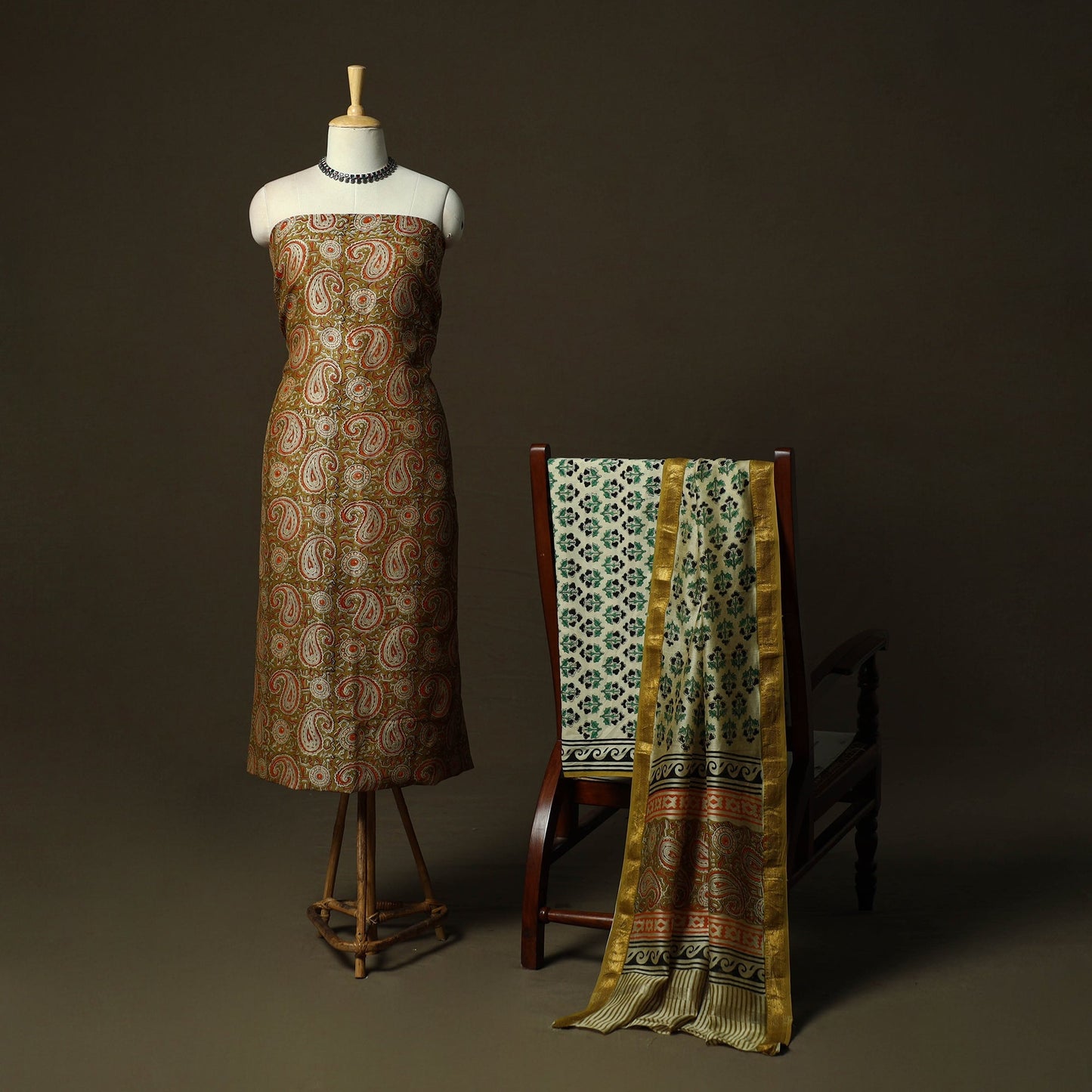 Maheshwari silk hand block bagru print 3pc unstitched dress