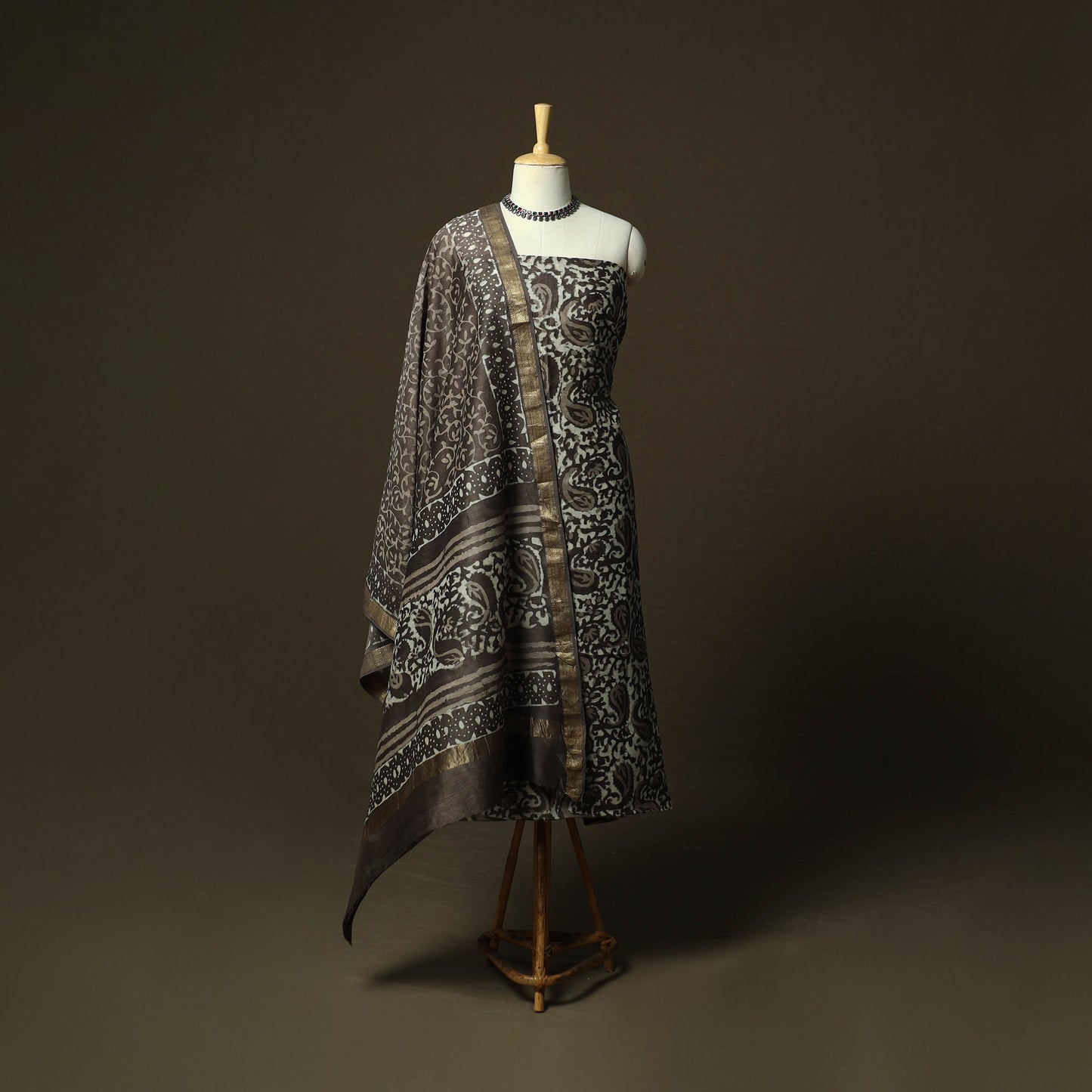 Maheshwari silk hand block bagru print 3pc unstitched dress