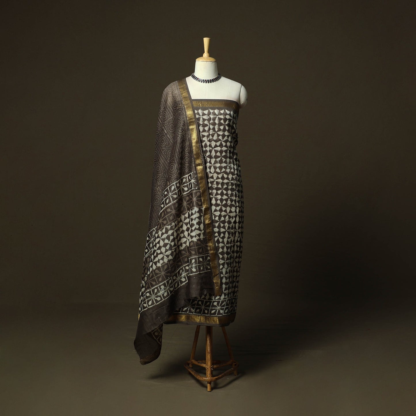 Maheshwari silk hand block bagru print 3pc unstitched dress