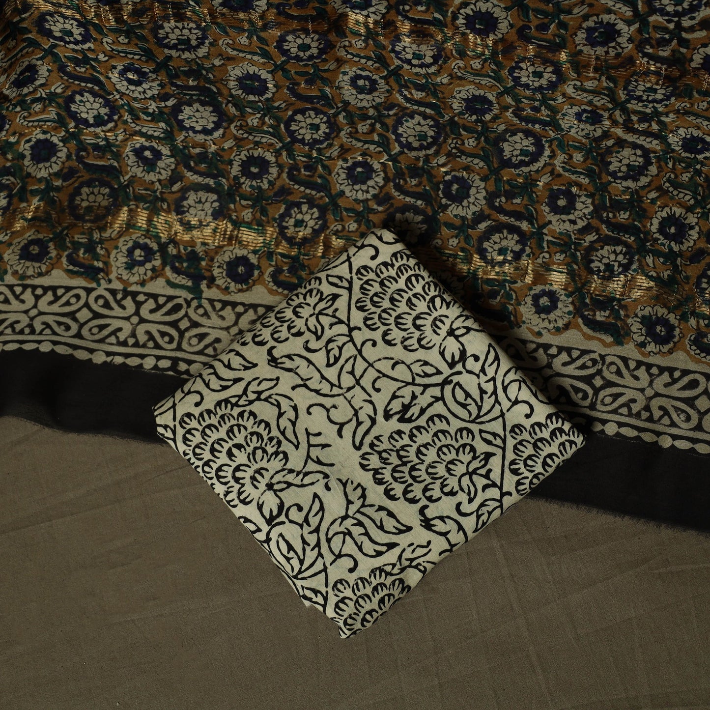 Maheshwari silk hand block bagru print 3pc unstitched dress