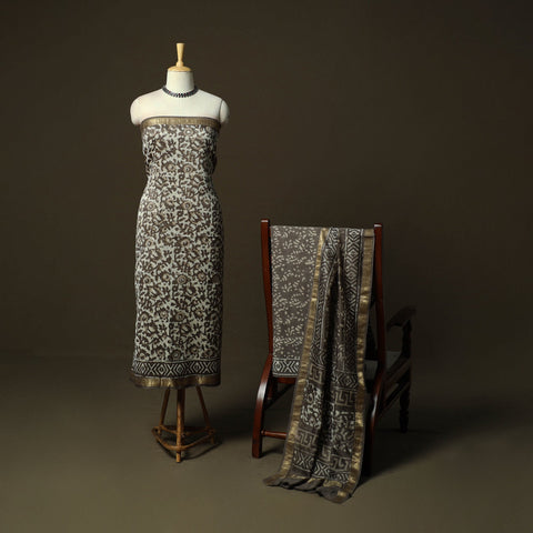 Maheshwari silk hand block bagru print 3pc unstitched dress