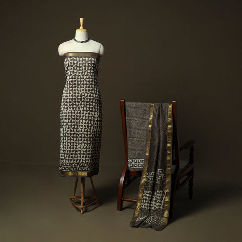 Maheshwari silk hand block bagru print 3pc unstitched dress