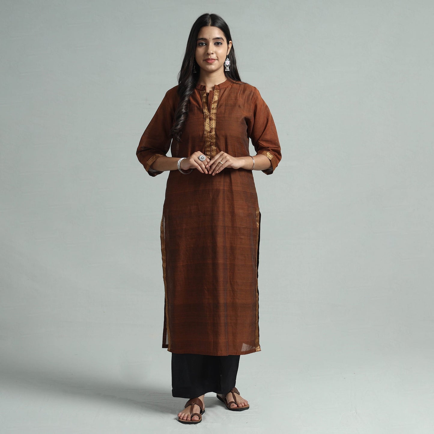 Brown - mangalagiri handloom cotton kurta with palazzo &