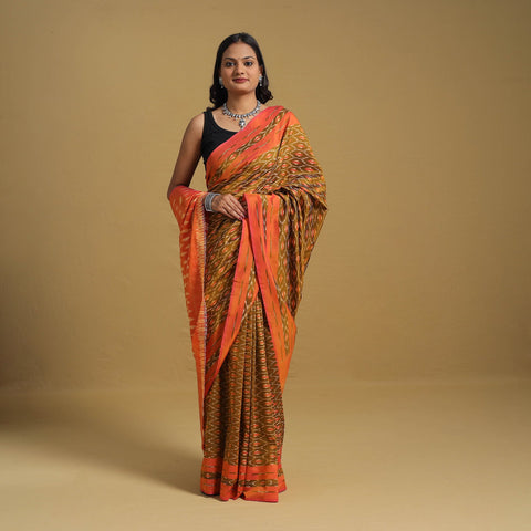 Brown Mercerised Cotton Handloom Pochampally Ikat Saree