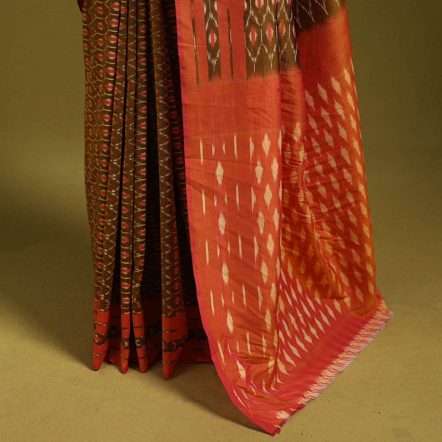 Brown - mercerised cotton handloom pochampally ikat saree