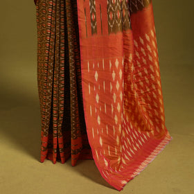 Brown - mercerised cotton handloom pochampally ikat saree