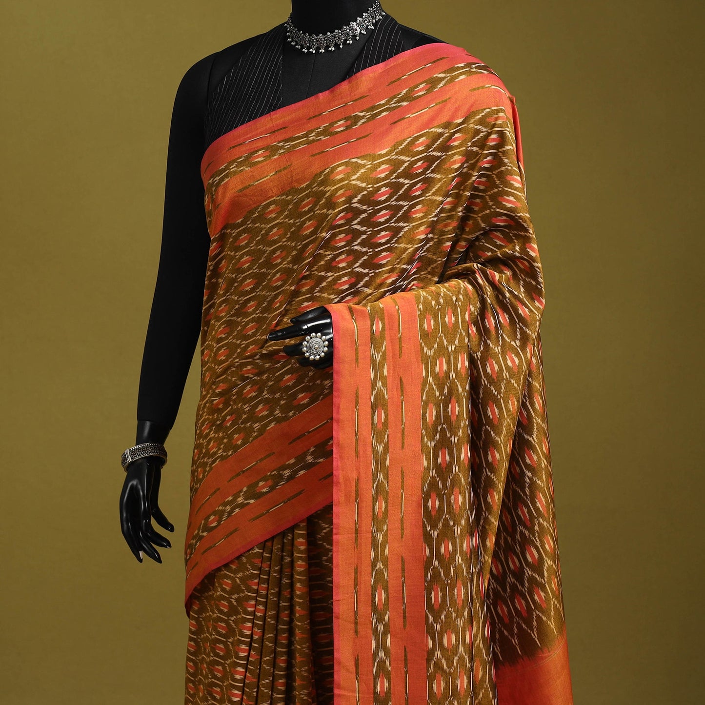 Brown - mercerised cotton handloom pochampally ikat saree
