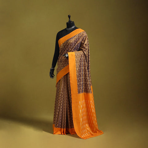 Brown - mercerised cotton handloom pochampally ikat saree