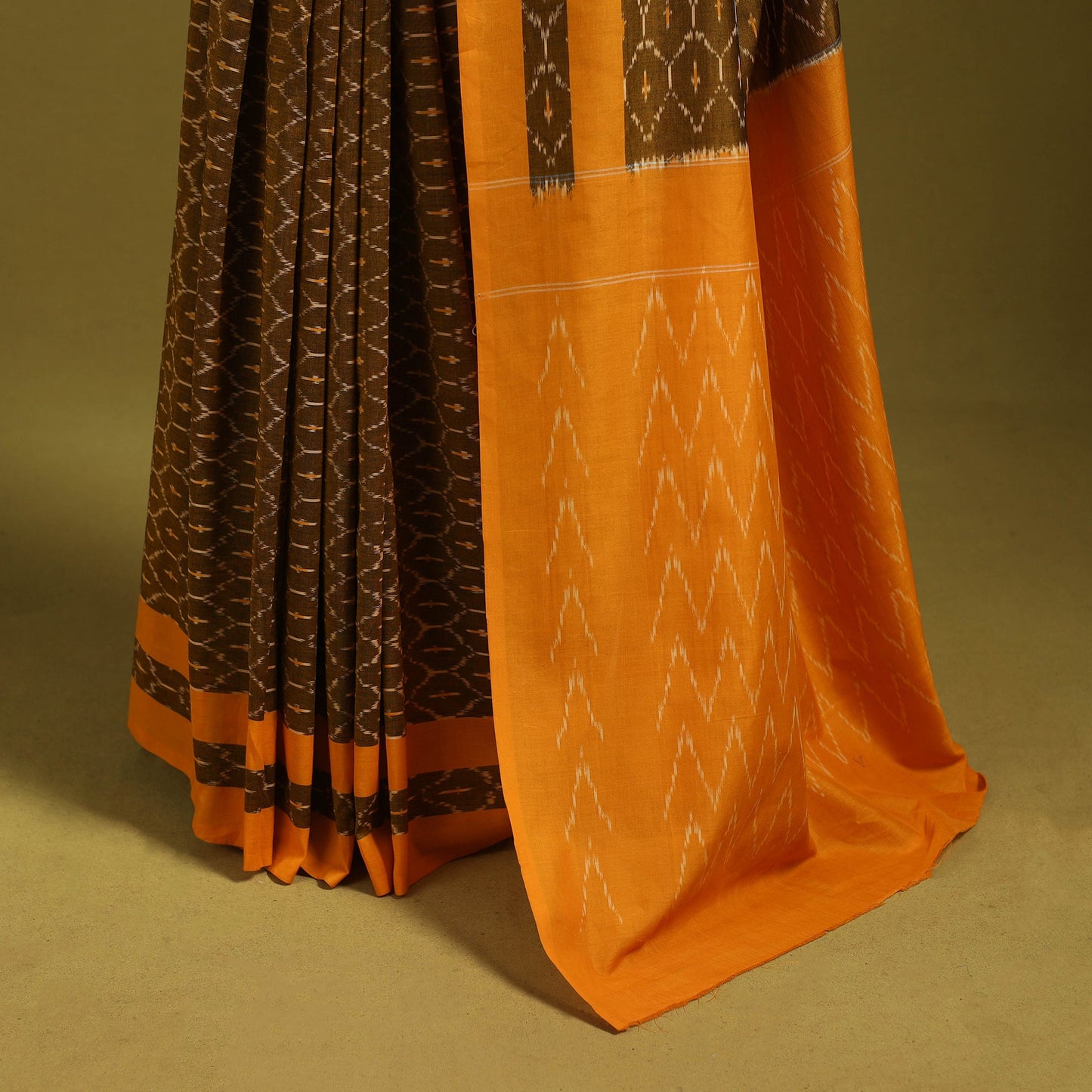 Brown - mercerised cotton handloom pochampally ikat saree