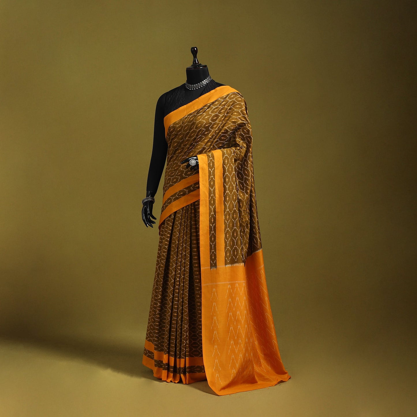 Brown - mercerised cotton handloom pochampally ikat saree
