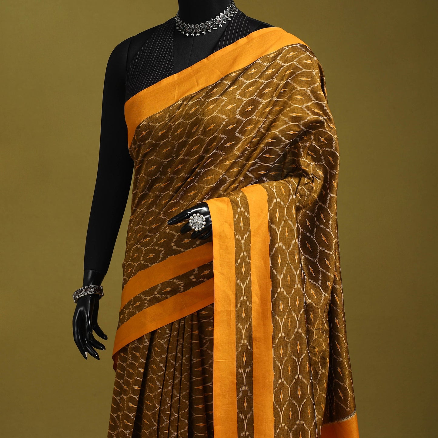 Brown - mercerised cotton handloom pochampally ikat saree