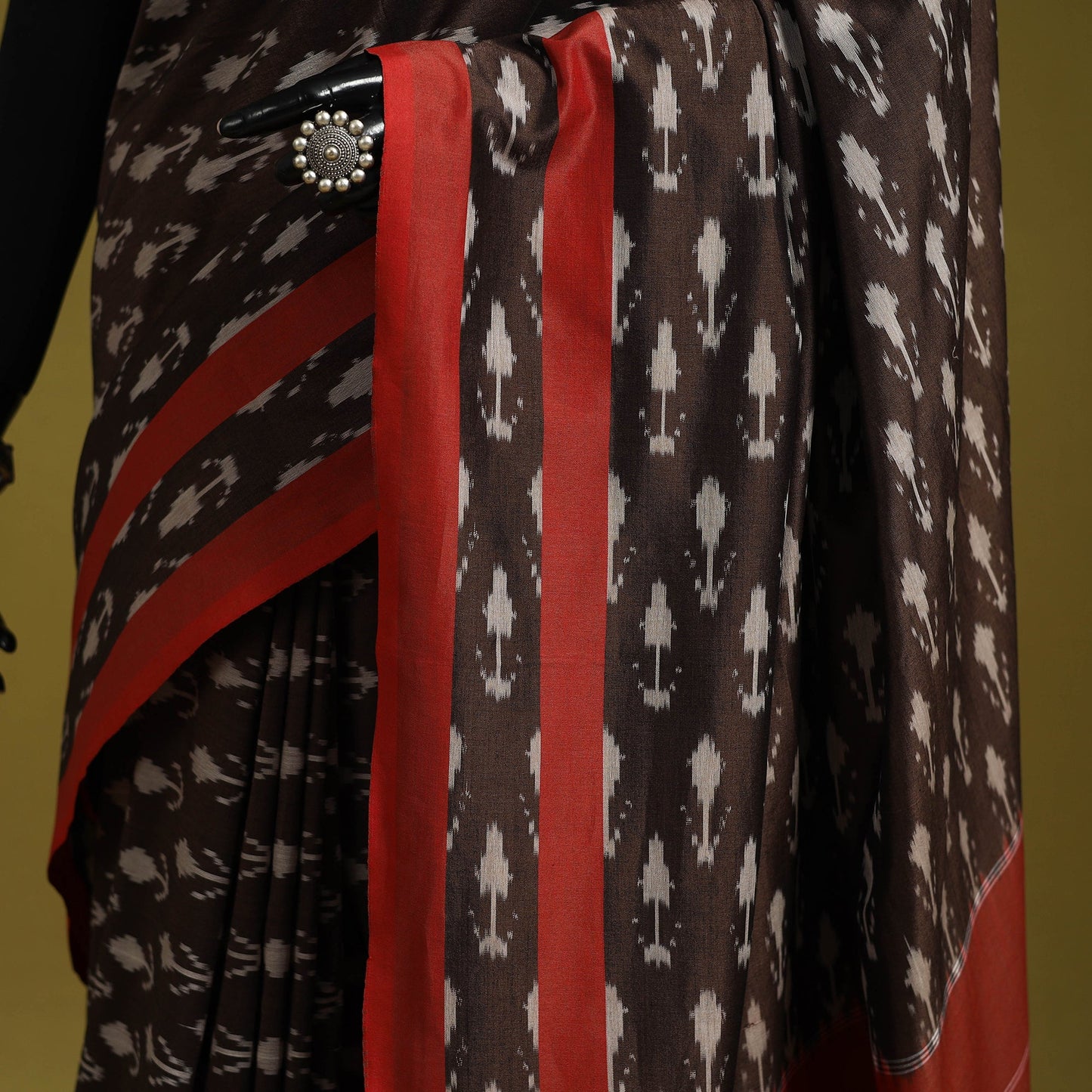 Brown - mercerised cotton handloom pochampally ikat saree