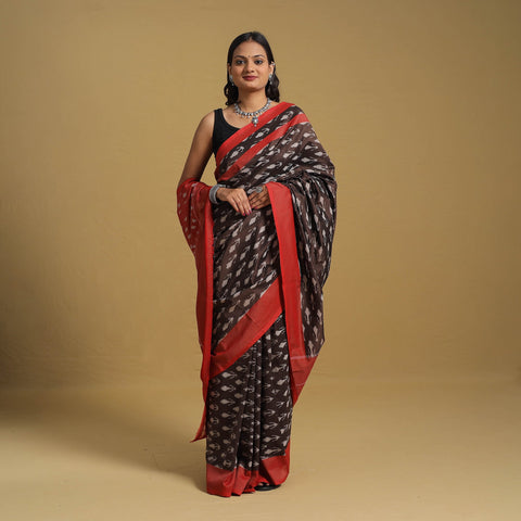 Brown Mercerised Cotton Handloom Pochampally Ikat Saree