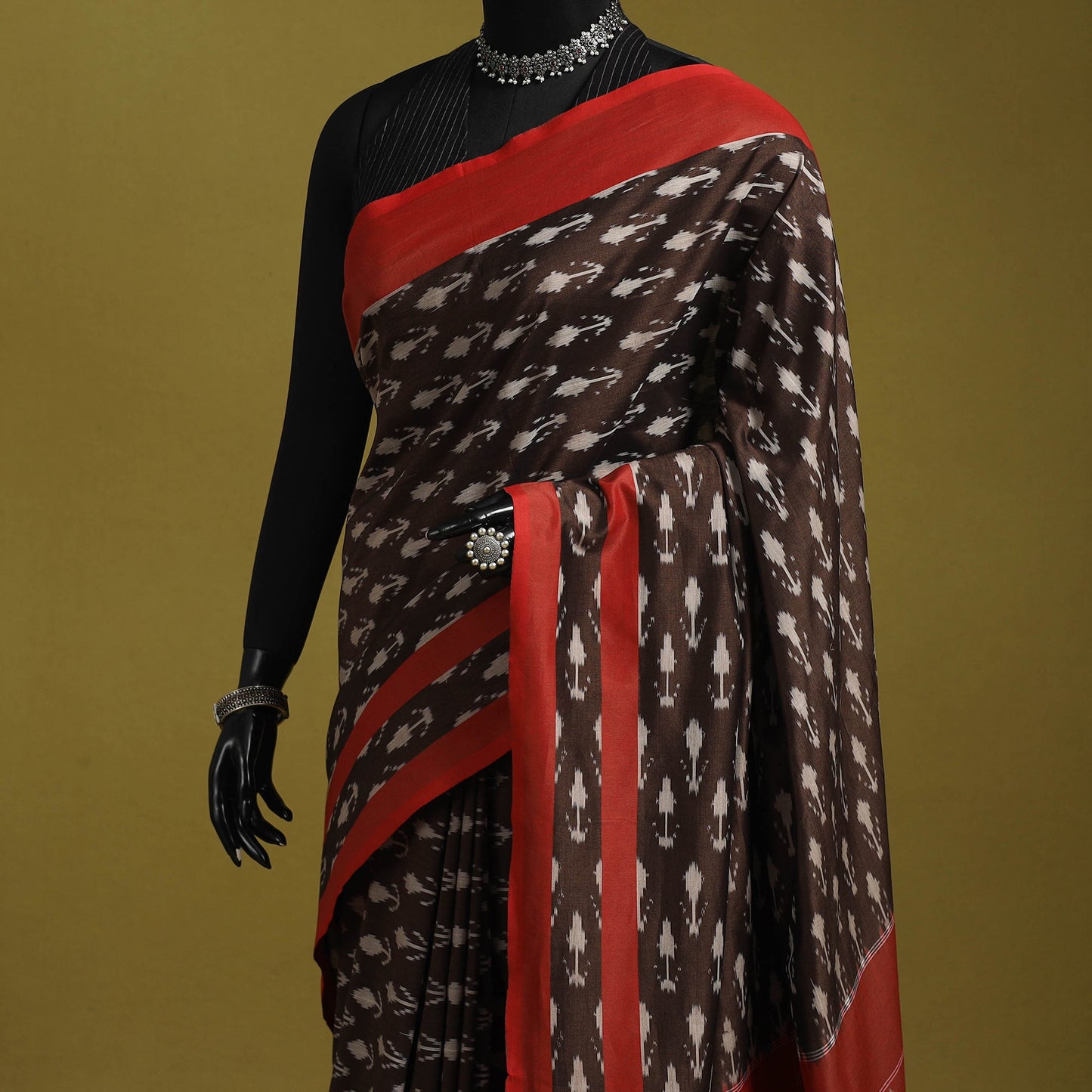 Brown - mercerised cotton handloom pochampally ikat saree