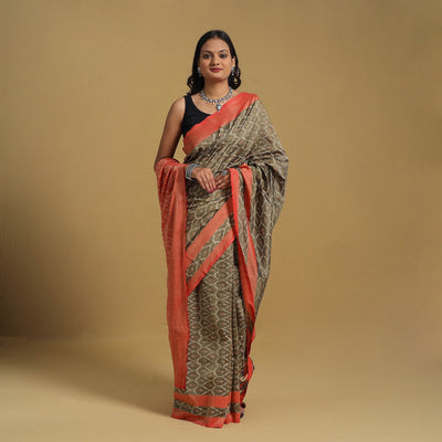 Brown Mercerised Cotton Handloom Pochampally Ikat Saree
