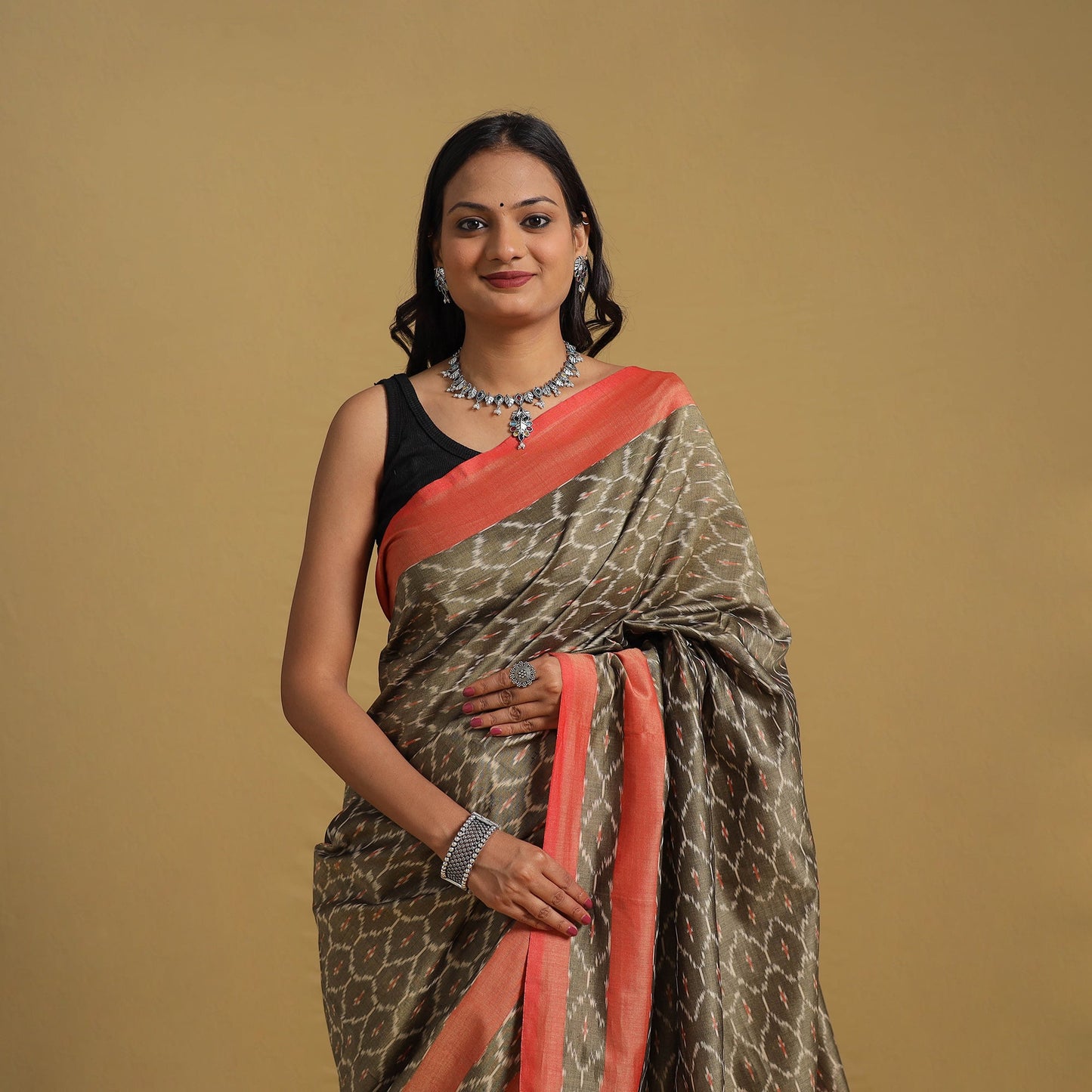 Brown Mercerised Cotton Handloom Pochampally Ikat Saree