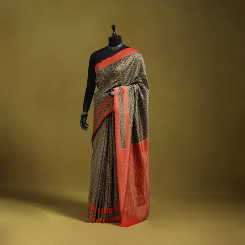 Brown - mercerised cotton handloom pochampally ikat saree