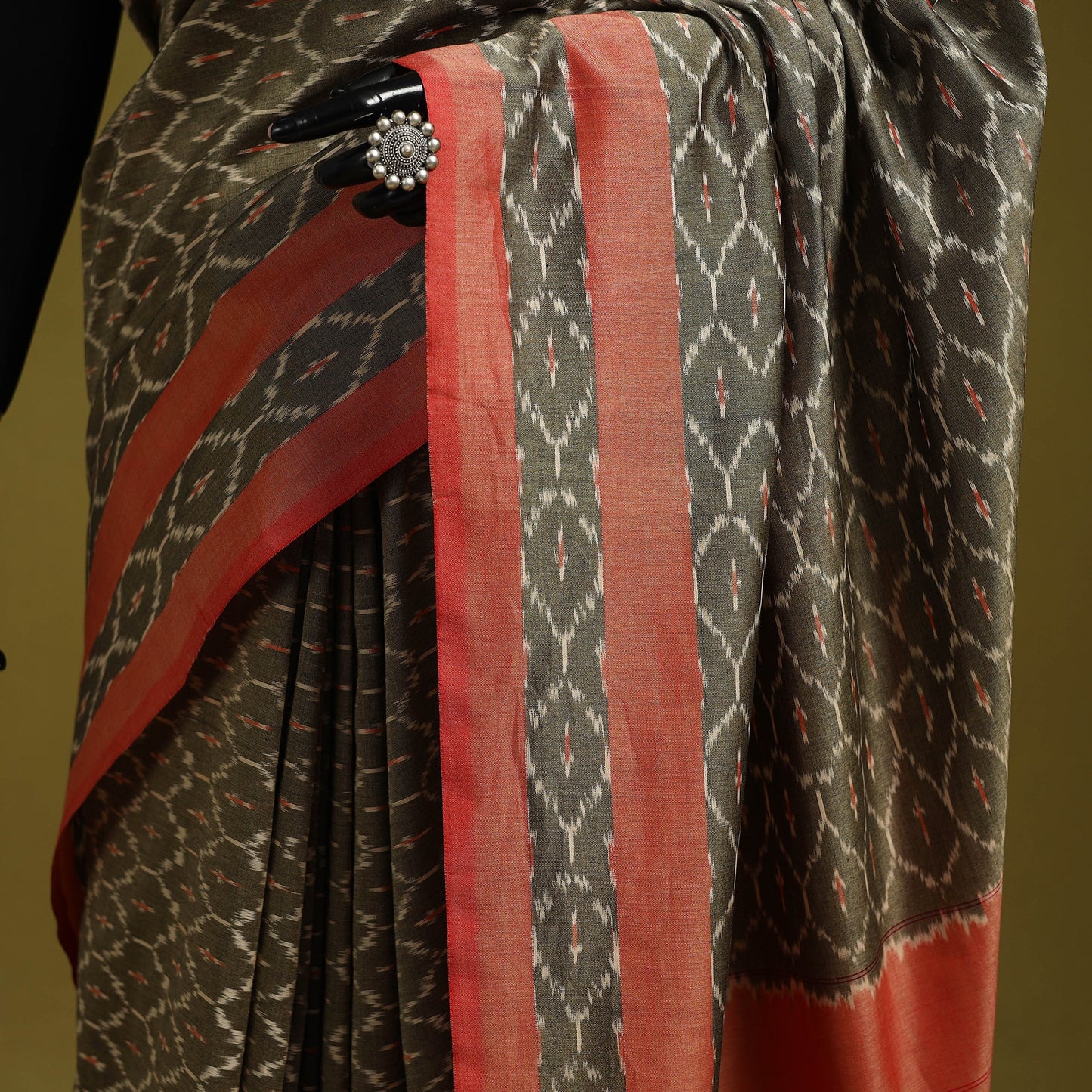 Brown - mercerised cotton handloom pochampally ikat saree