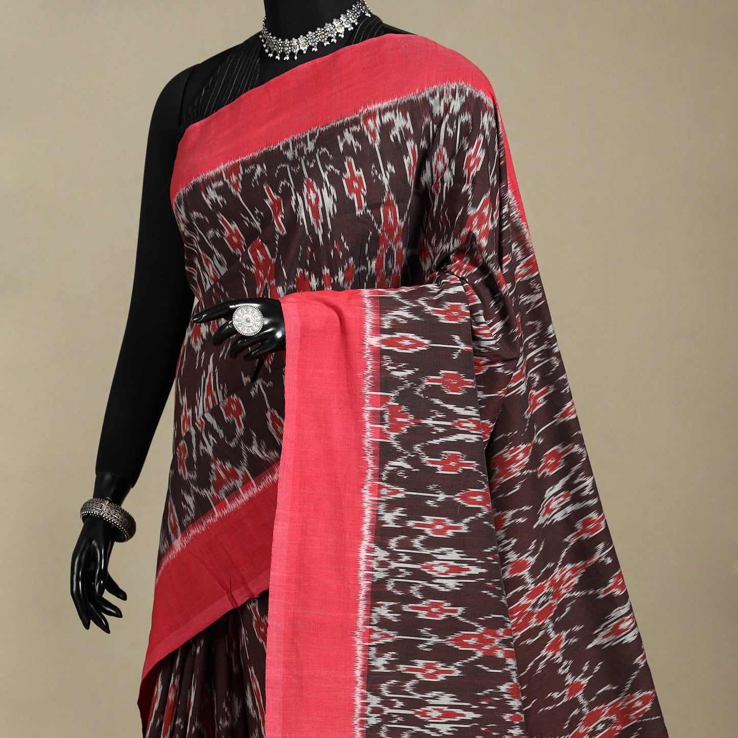 Brown - mercerised cotton handloom pochampally ikat saree