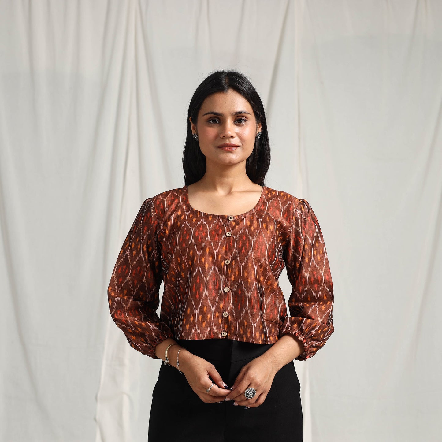 Buy Brown Mercerised Cotton Pochampally Ikat Crop Top