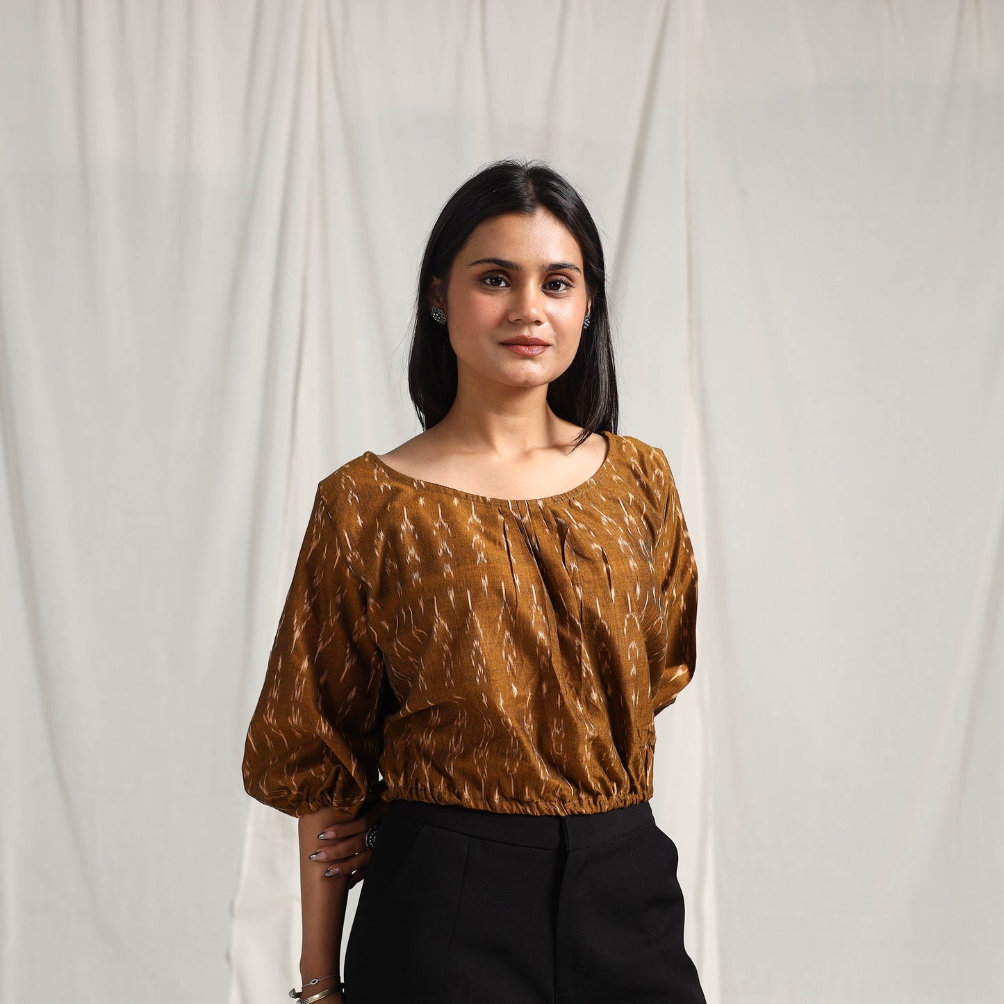 Buy Brown Mercerised Cotton Pochampally Ikat Crop Top