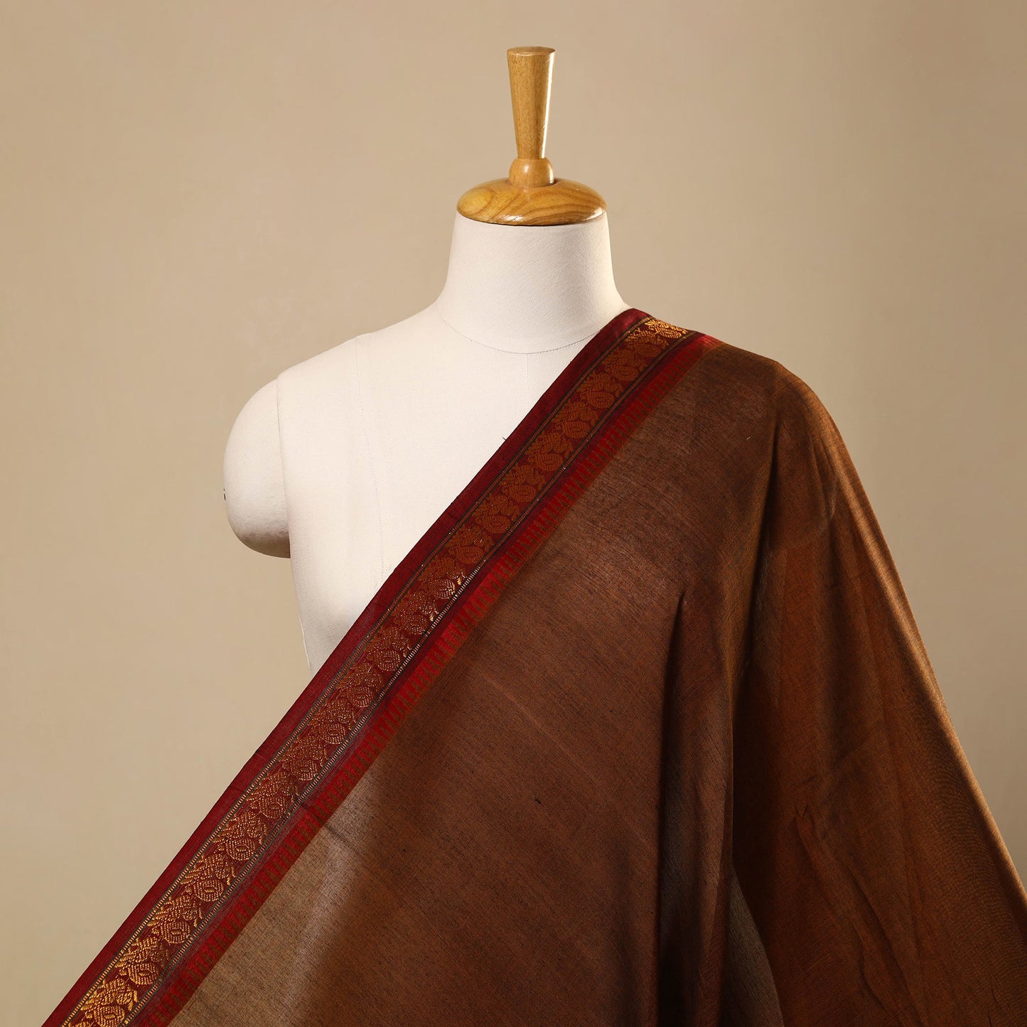  Brown Mercerised Cotton Zari Border Dharwad Fabric
