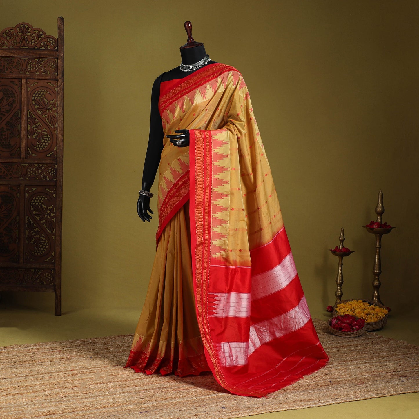 Brown - mercerized cotton thread buti ilkal saree