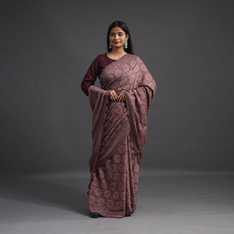  Brown Merino Wool Block Print Ajrakh Saree with Tassels