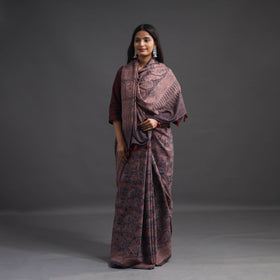  Brown Merino Wool Block Print Ajrakh Saree with Tassels