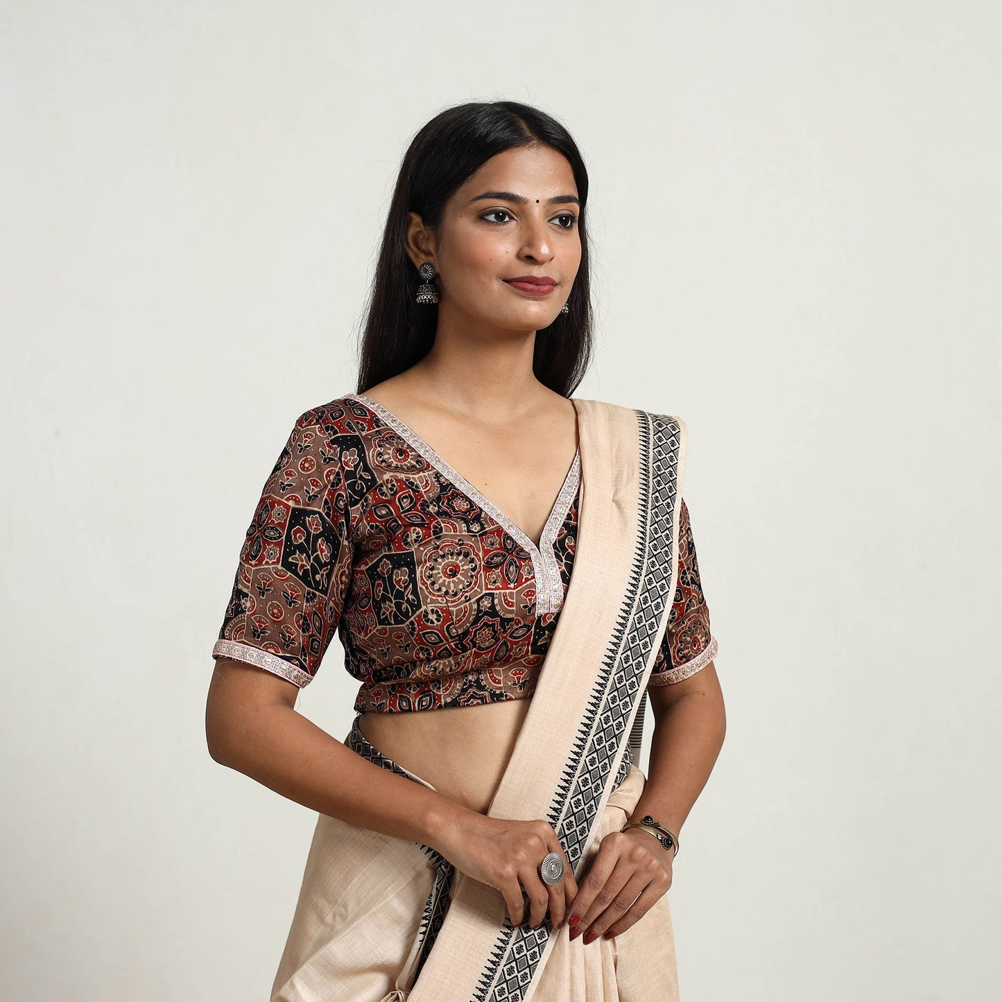 Brown - modal silk stitched blouse 09 - handcrafted
