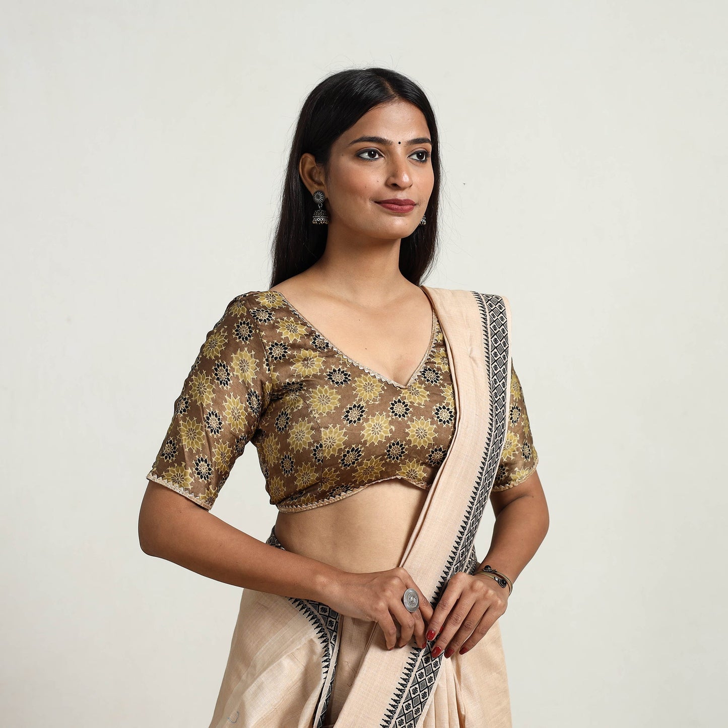 Brown Modal Silk Block Print Stitched Ajrakh Blouse Online