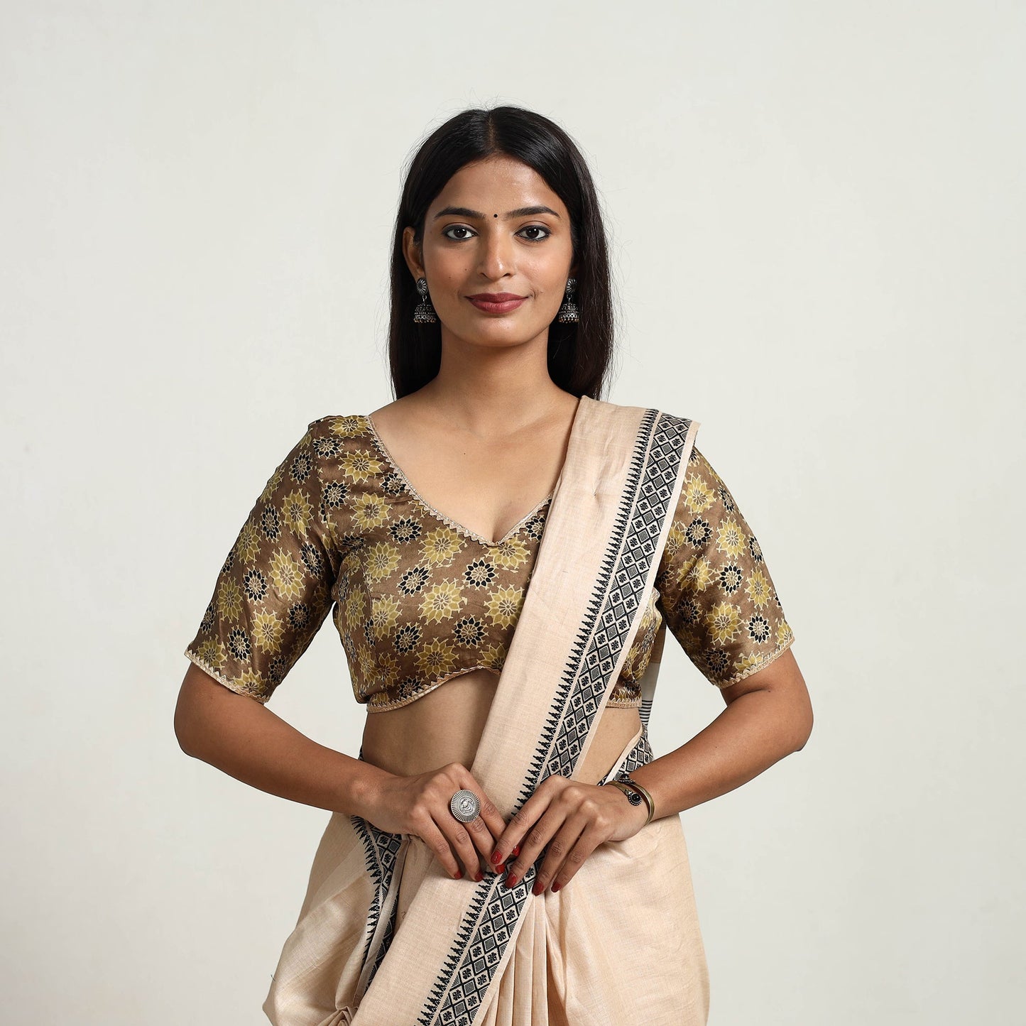 Brown Modal Silk Block Print Stitched Ajrakh Blouse Online